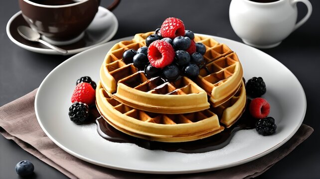 Waffles with chocolate syrup and mixed berries served with coffee on dark background elegant breakfast food photography