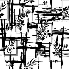 White And Black Flat Floral Pattern Design Minimal 2 Color - Allover Ready To Print For Fabric And Repeat Design Wallpapers