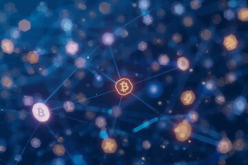 Abstract bitcoin network with glowing nodes and connecting lines on a blue background design concept