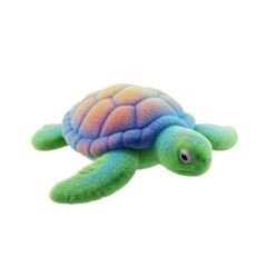 Colorful fluffy turtle, a vibrant 3D rendered design element with a soft texture, isolated on a transparent background.