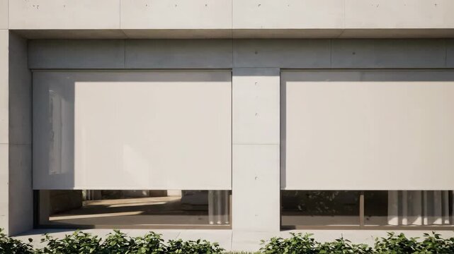 Modern Building Facade with Roller Shutters - A modern architectural facade featuring two large windows covered with white roller shutters.