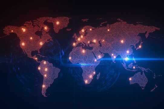 Abstract digital world map with glowing nodes and blue lens flare on a dark background design style