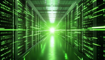 Abstract illustration of a data center with green light trails