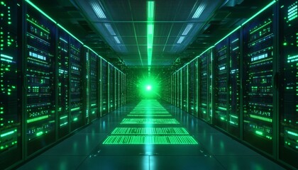 Futuristic server room with green glowing lights and data streams