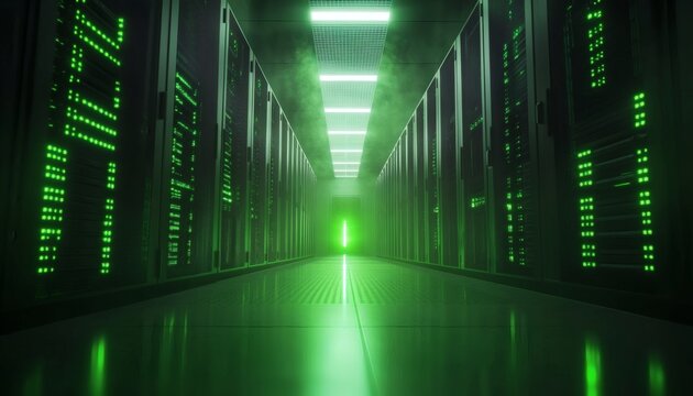 Green-lit server room: rows of powerful servers glow in the dark - Powered by Adobe