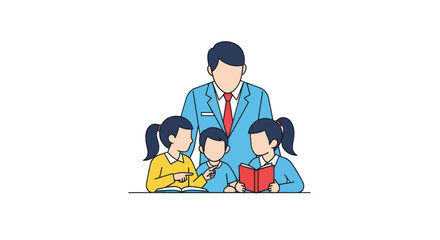 Teacher guiding young students in a learning session.