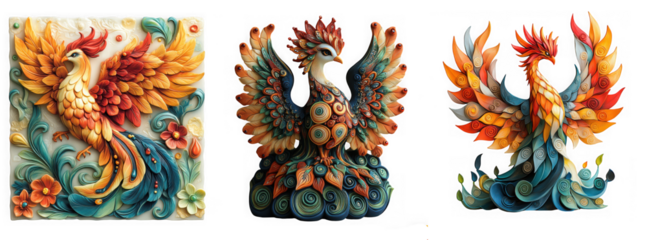A mythical phoenix bird sculpture with vibrant fiery plumage and intricate details isolated on transparent background