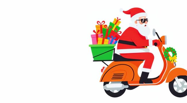 Santa claus riding scooter with gifts isolated on white background, christmas delivery illustration