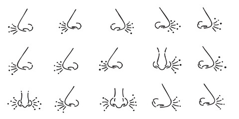 Set of nose smell breathing outline icons vector

