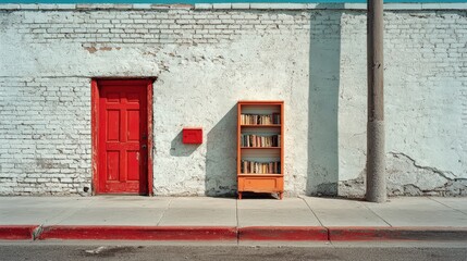 Bookshelf by a Door on a Sidewalk