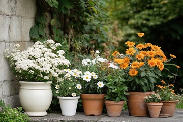 Colorful flower pots line a garden pathway showcasing vibrant blooms and lush greenery in a serene outdoor setting