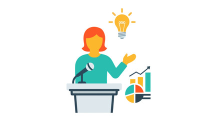 Woman giving a presentation with charts a podium and a bright idea.