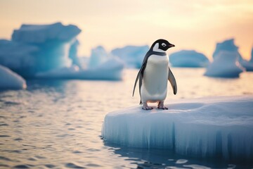 Obraz premium A penguin standing on melting ice berg outdoors nature animal.
