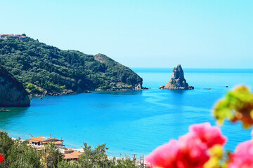 View of the picturesque Bay of Agios Gordios from above. Corfu island, Greece.