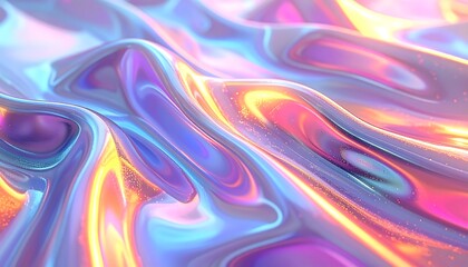 Fototapeta premium An abstract illustration showcases flowing, iridescent textures with shimmering gradients and soft, blurred light effects. It conveys a sense of fluidity