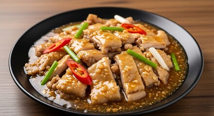 Fototapeta premium Delicious Sliced Chicken Stir-fry with Chili and Garlic Sauce.
