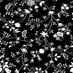 White And Black Flat Floral Pattern Design Minimal 2 Color - Allover Ready To Print For Fabric And Repeat Design Wallpapers