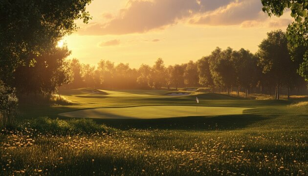 Sunset view over a peaceful golf course surrounded by lush greenery and trees