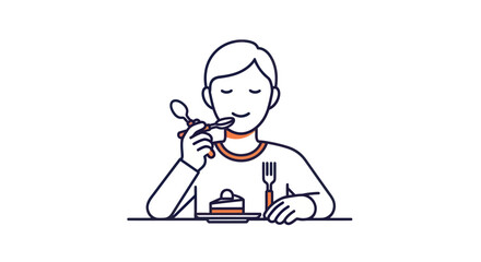 Person Eating Cake with Spoon and Fork Line Art Illustration.