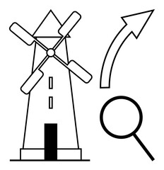 Windmill with rotating blades, upward arrow showing progress, magnifying glass highlighting research. Ideal for energy, growth, exploration, progress, sustainability innovation strategy. Simple
