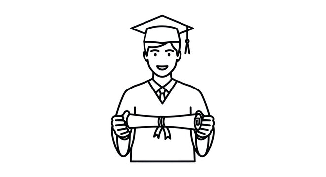 Smiling Male Graduate in Cap and Gown Holding Rolled Diploma.