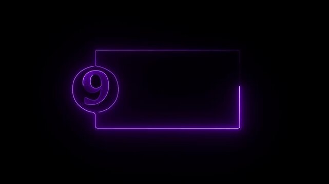 colorful glowing neon 9 text icon animation. Square rectangle picture frame with one tone neon color motion graphic on isolated black a background.4k video black background,