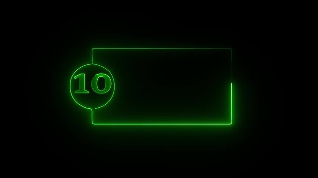 colorful glowing neon 10 text icon animation. Square rectangle picture frame with one tone neon color motion graphic on isolated black a background.4k video black background,