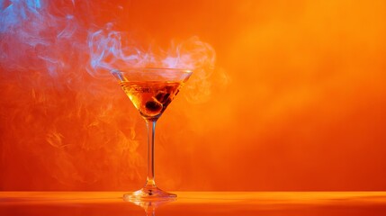 A martini cocktail with smoke sits in a glass against an orange neon backdrop. This evokes a sense of celebration, nightclub vibes, and the taste of an extravagant alcoholic beverage