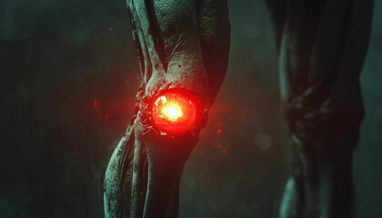 Glowing red core in a mechanical joint of a cyborg leg