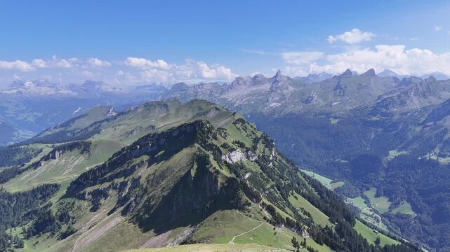 Panoramic view from Fronalpstock mountain in Switzerland with Swiss Alps and lakes
