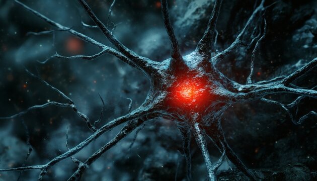 Glowing neuron cell with dark teal branches against a black background - Powered by Adobe