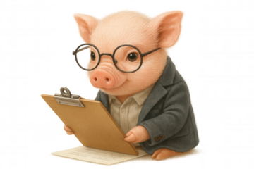 Pig manager wearing glasses and a suit jacket, holding a clipboard, symbolizing business administration and professional accounting