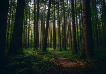 Obraz premium A dense forest path lined with tall, dark trees casts soft, natural light on the ground.