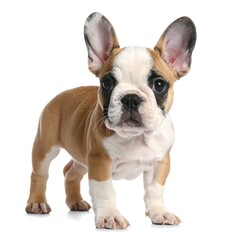 Obraz premium Adorable French bulldog puppy, light brown and white coat, alert expression, standing on white background