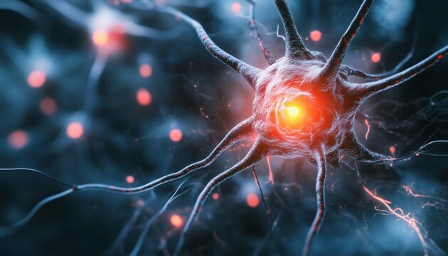Microscopic view of a neuron cell with glowing synapses