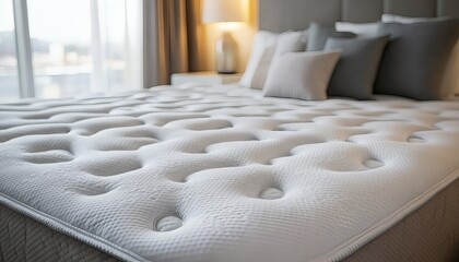 Fototapeta premium Close-up view of a plush white mattress in a modern bedroom setting