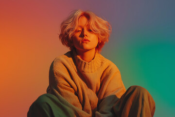 Vibrant realistic non-binary individual with stylish hair expressing confidence – inclusive beauty portrait celebrating gender diversity and creativity