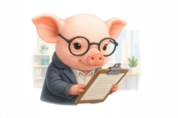 Pig businessman wearing glasses and suit holding clipboard, standing in office, showing smart professional concept