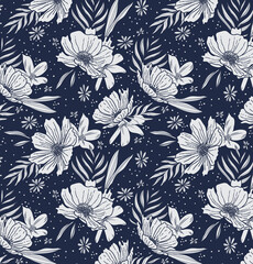 Minimal Flat Floral Pattern Design 2 Color - Allover Ready To Print For Fabric And Repeat Design Wallpapers Background
