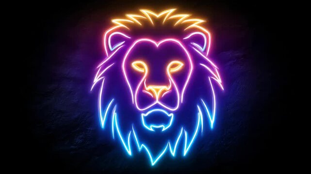 Neon lion art with glowing colors on dark background