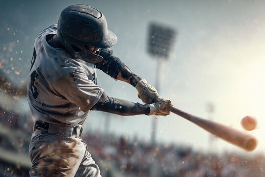 A baseball player is swinging a bat at a ball