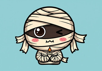  An adorable mummy character with bandages and candle in kawaii style.