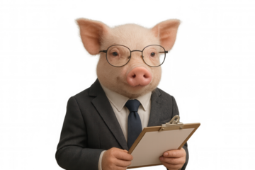 Pig businessman wearing glasses and suit holding clipboard, managing data, financial planning, transparent background