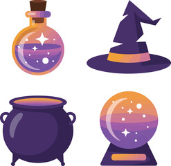 A collection of four iconic Halloween symbols: a glowing potion bottle, a pointed witch hat, a bubbling cauldron, and a mystical crystal ball.