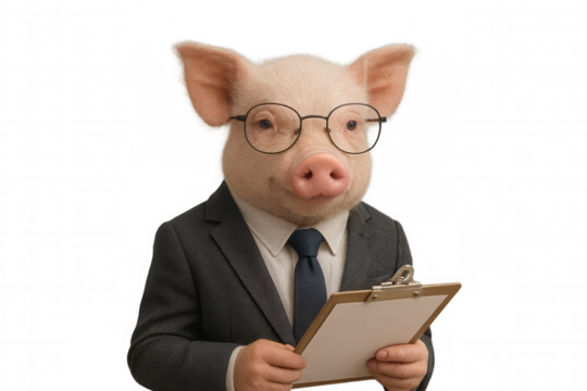 Pig businessman wearing glasses and suit holding clipboard, managing data, financial planning, transparent background