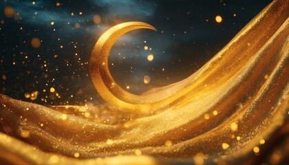 Golden crescent moon over glittering fabric