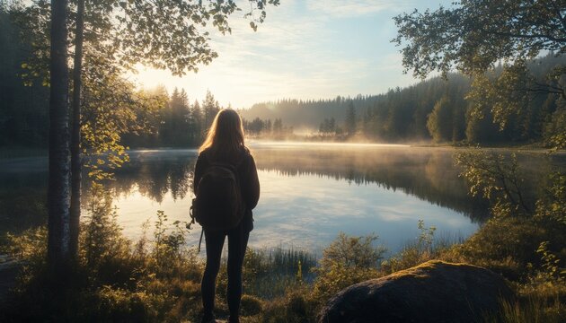 Woman hiker enjoying tranquil sunrise over a still lake in a misty forest