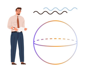 Man in formal attire holding documents, spherical diagram with gradient lines, and wavy design. Ideal for business, data analysis, statistics, education, research science presentation. Simple flat