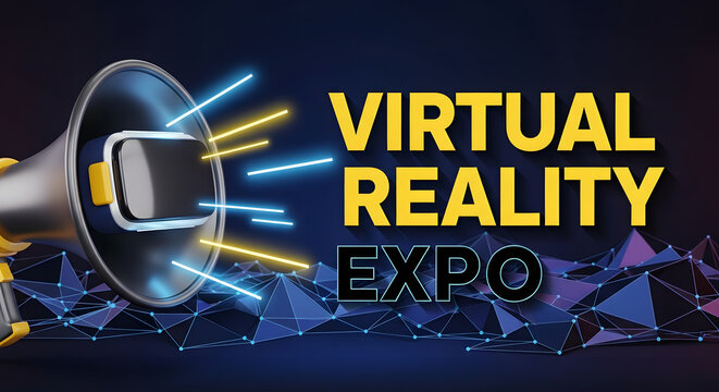Virtual reality expo announcement with a megaphone and geometric design a modern promotional graphic for technology events