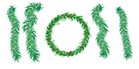 Festive Holiday Greenery with Wreath and Garlands on White Background perfect for Christmas and New Year decorations with intricate detail